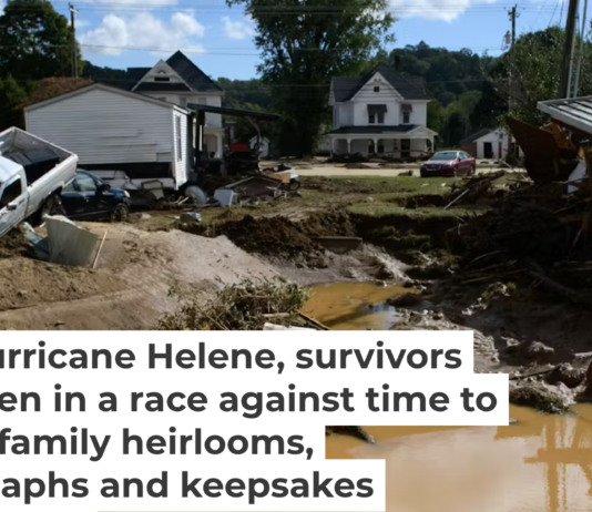 Damage and residual flooding from Mill Creek in the aftermath of Hurricane Helene on Sept. 29, 2024, in Old Fort, N.C. Melissa Sue Gerrits/Getty Images